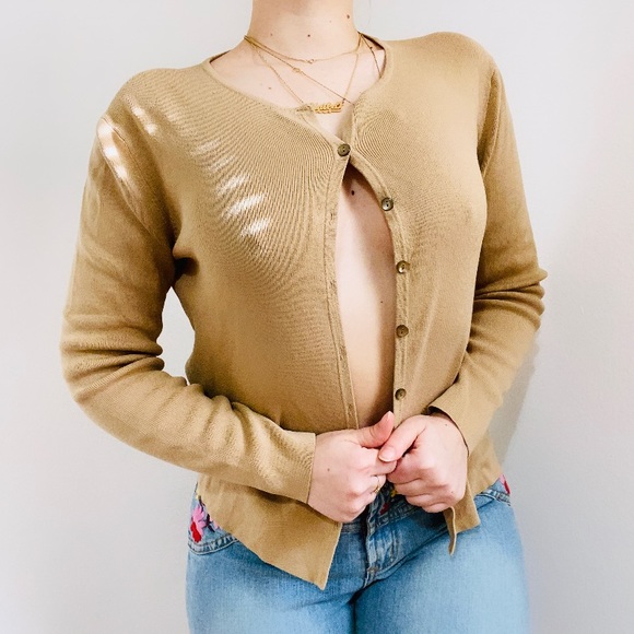 Ann Taylor Sweaters - Vintage Y2k Ann Taylor Tan Ribbed Button Up Long Sleeve Sweater Shirt